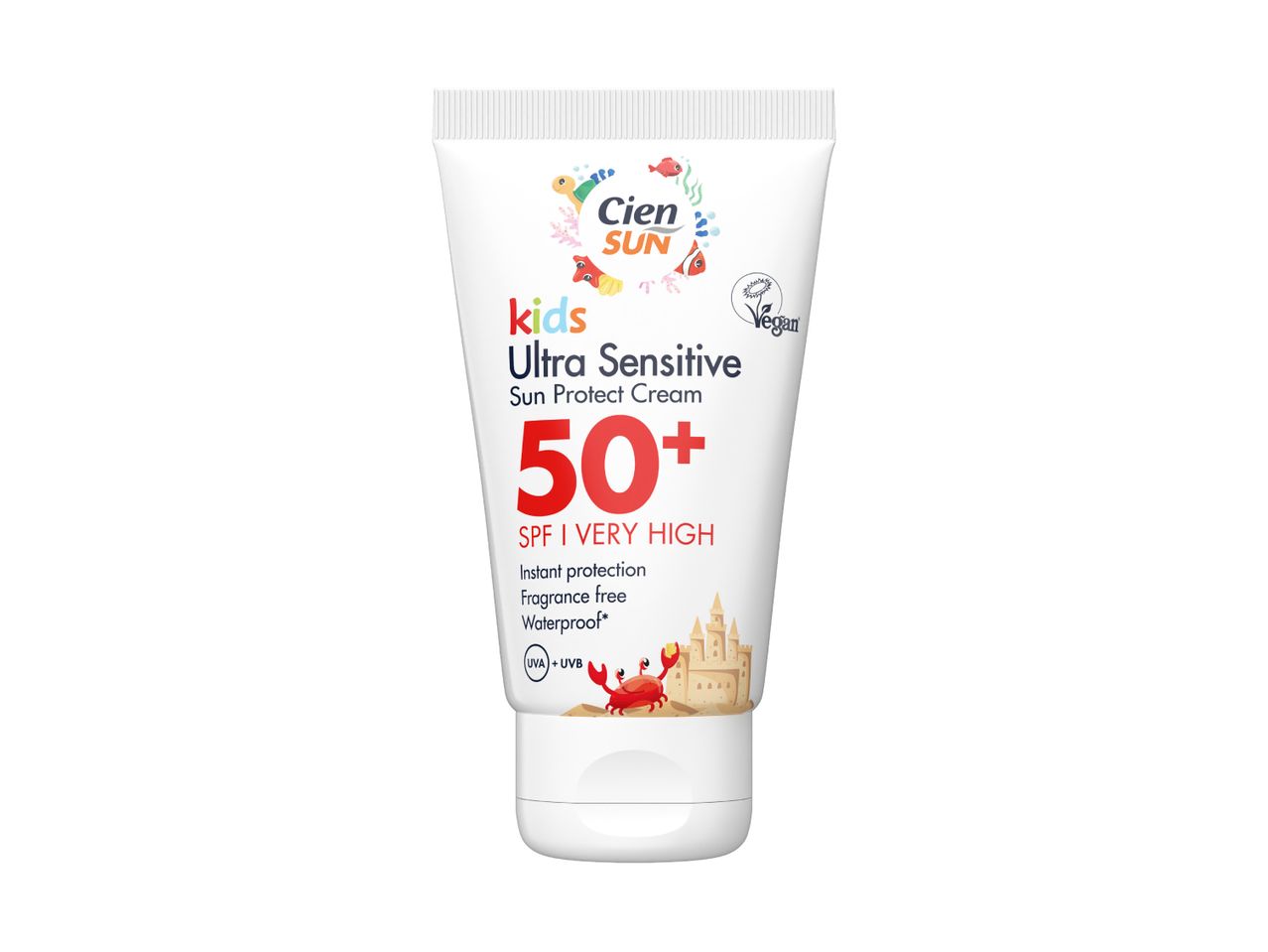 Kids' ultra-sensitive sun protect cream SPF 50+ with instant protection and waterproof formula.
