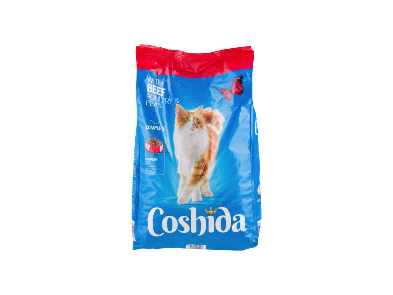 Coshida: cat food with beef, poultry, and peas.