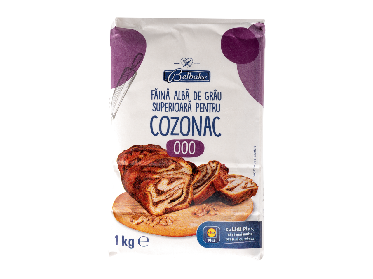 Făină albă de grâu superioară BELBAKE, tip 000 pentru cozonac, 1 kg, cu cozonac tăiat.