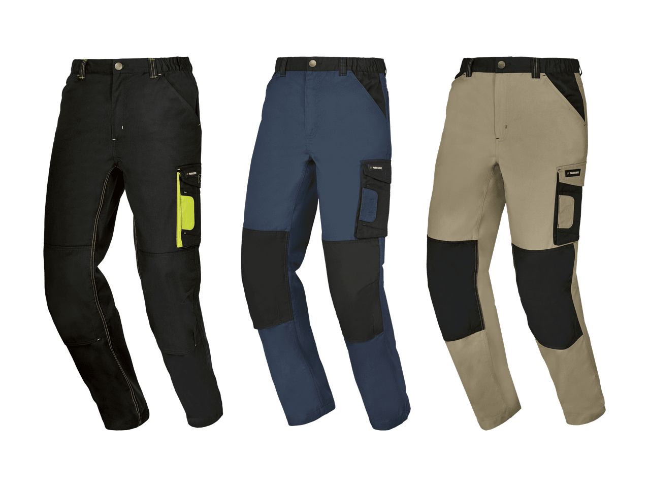 Arbeitshosen in Schwarz, Blau und Beige mit Knieverstärkungen und Seitentaschen.