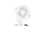 Mini-ventilador TRONIC branco com clipe, sobre fundo preto.