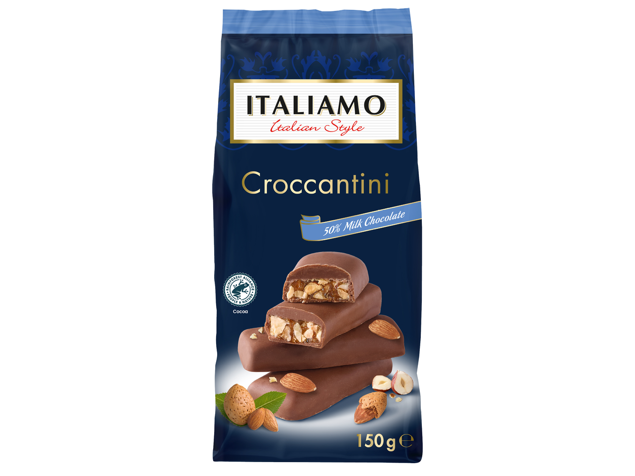 Опаковка с млечен шоколад Croccantini с 50% млечен шоколад, бадеми и лешници, 150 гр.