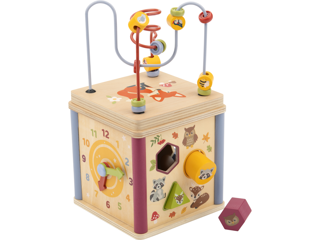 Cubo attività in legno a tema bosco, con labirinto di perline, orologio e selezionatore di forme.
