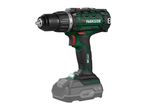 Cordless drill with a dark green body, black accents, and a grey battery pack.