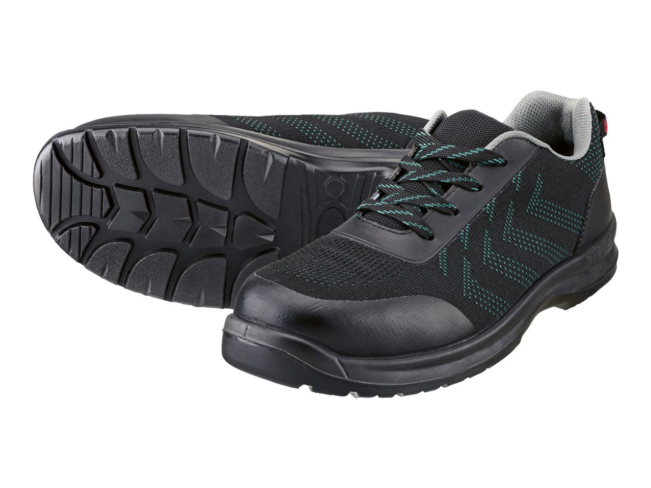 Pair of black and teal safety shoes with textured soles, one shoe on its side.