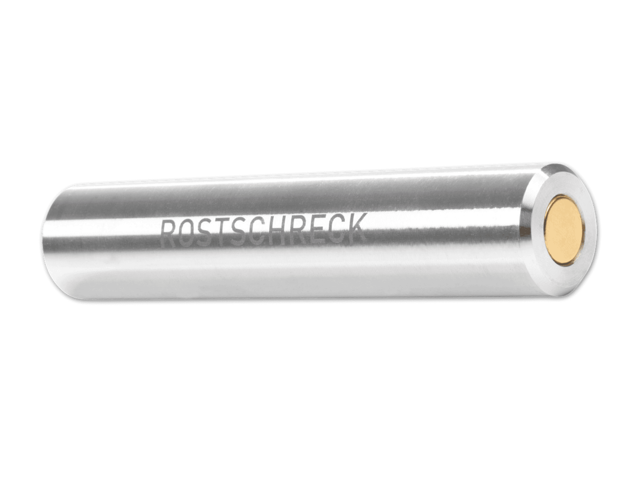 Rostschreck-Produkt: Ein silberner Zylinder mit goldener Kappe.