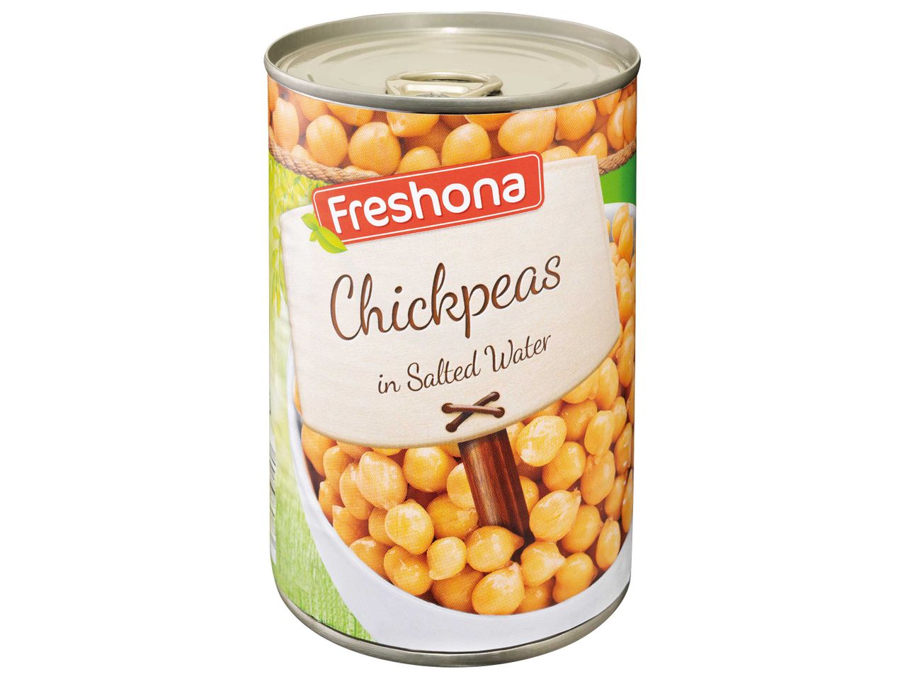 Freshlona márkájú, sós lében konzervált csicseriborsó konzerv.