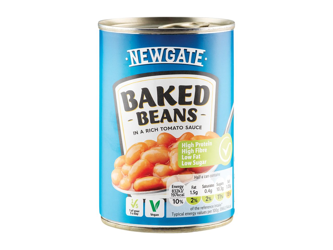 Can of Newgate baked beans in tomato sauce.