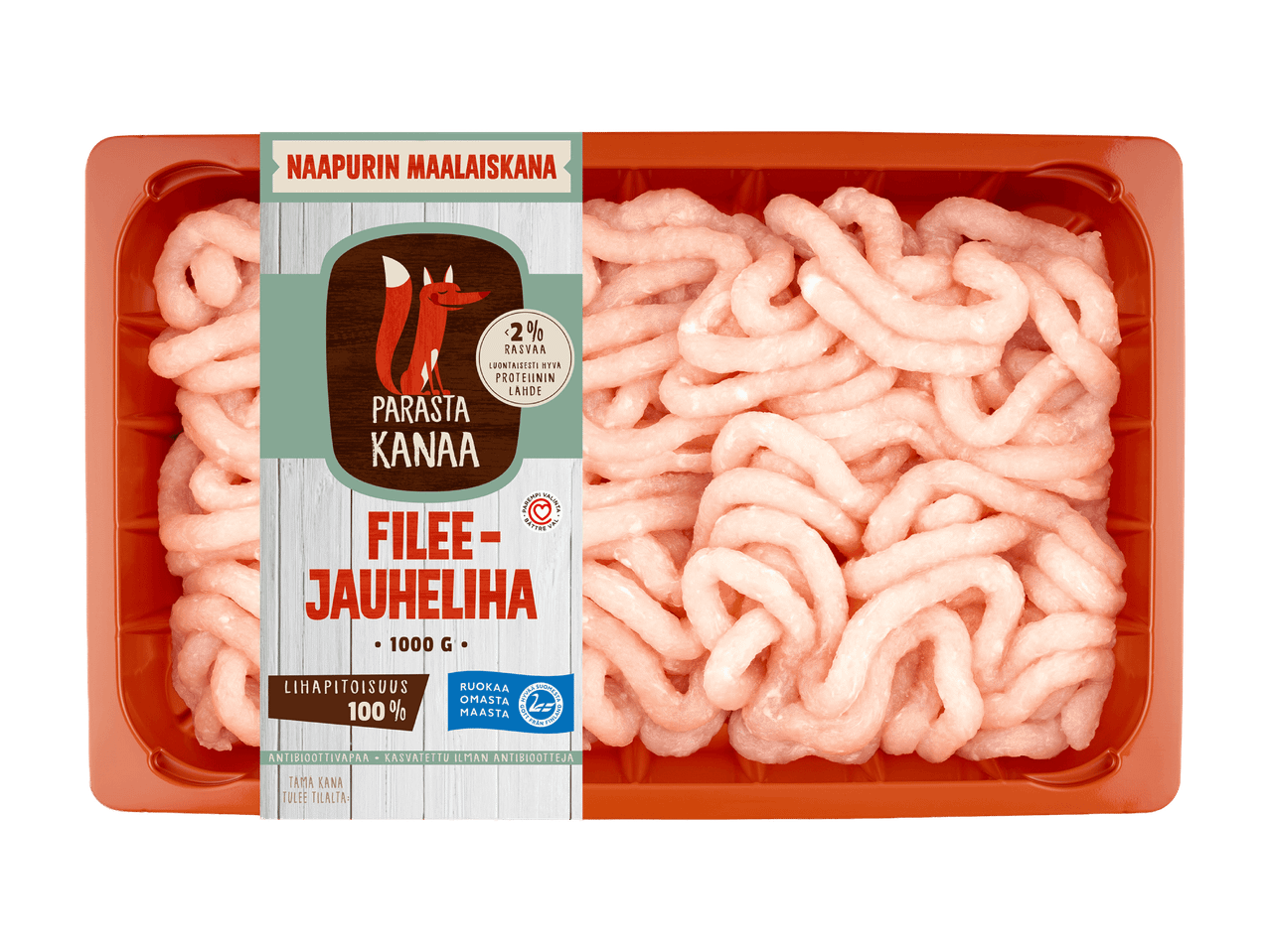 Pakkaus jauhettua kanafileetä, jossa on 100 % lihapitoisuus ja alle 2 % rasvaa.