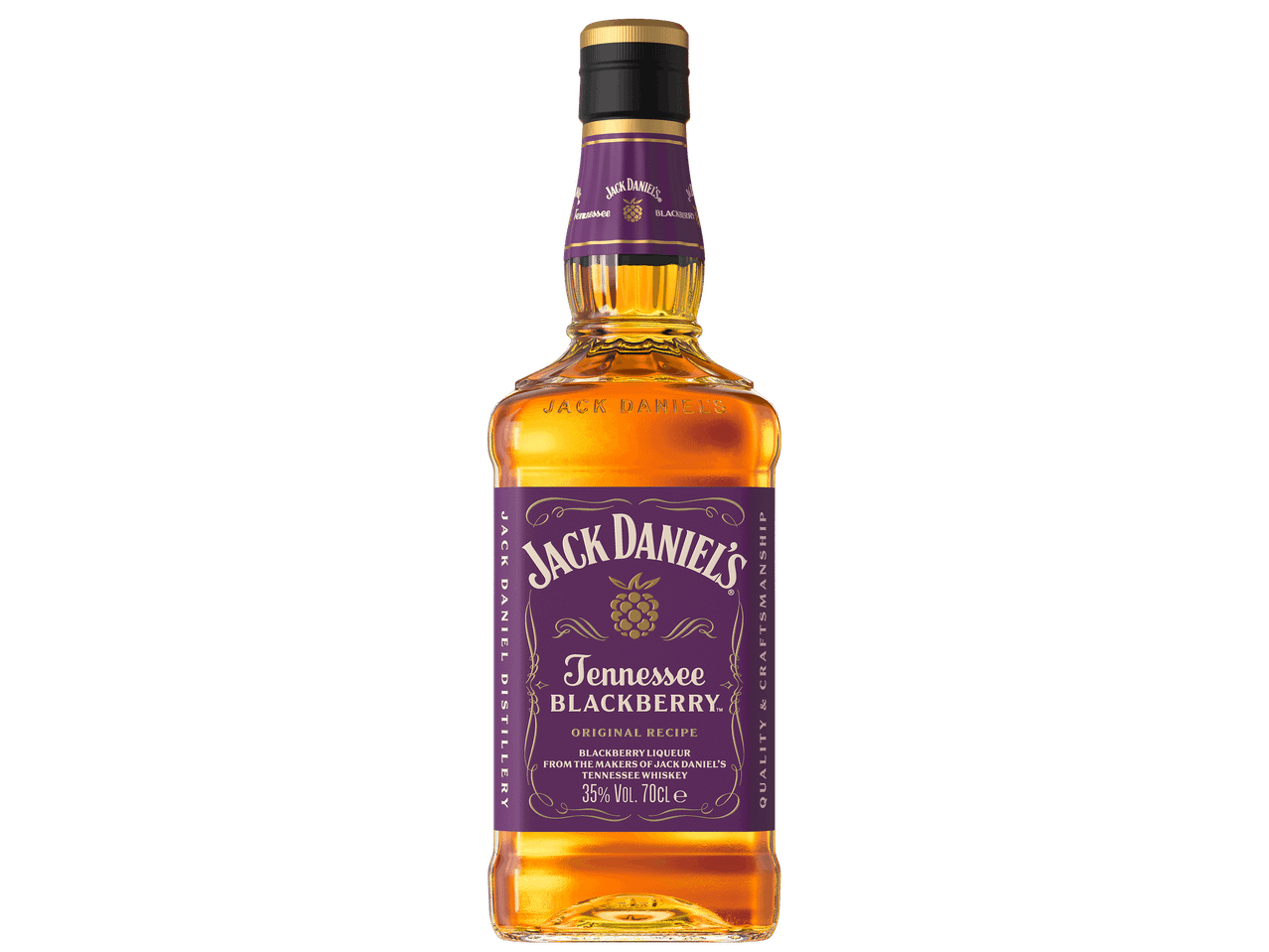 Szedres whiskey likőr elegáns lila címkés üvegben, fekete háttér előtt.