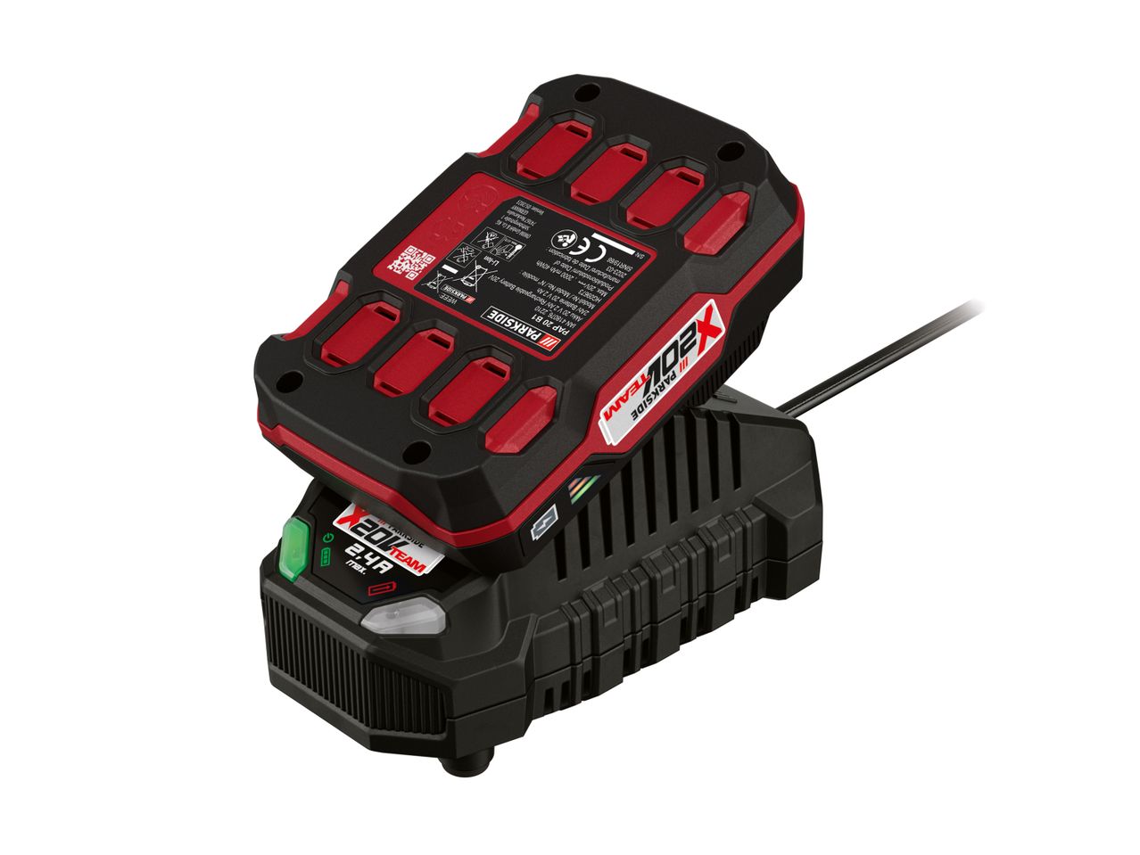 Una batteria ricaricabile Parkside X 20V Team da 2.0Ah è inserita in un caricabatterie nero.