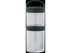 A stackable, clear plastic container set with dark green lids and a carrying handle.