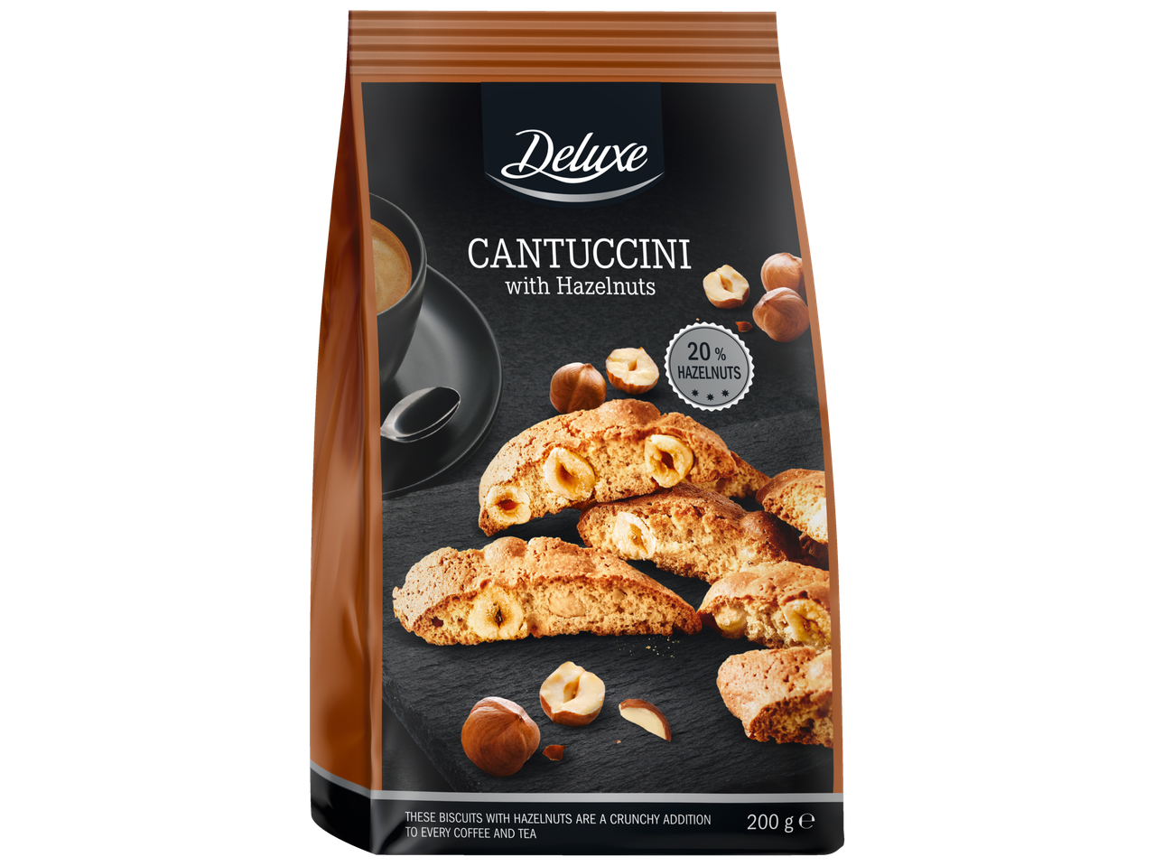 Iepakojums kantucīni cepumiem ar lazdu riekstiem, attēlojot cepumus, veselus un pārgrieztus lazdu riekstus, un kafijas tasi.