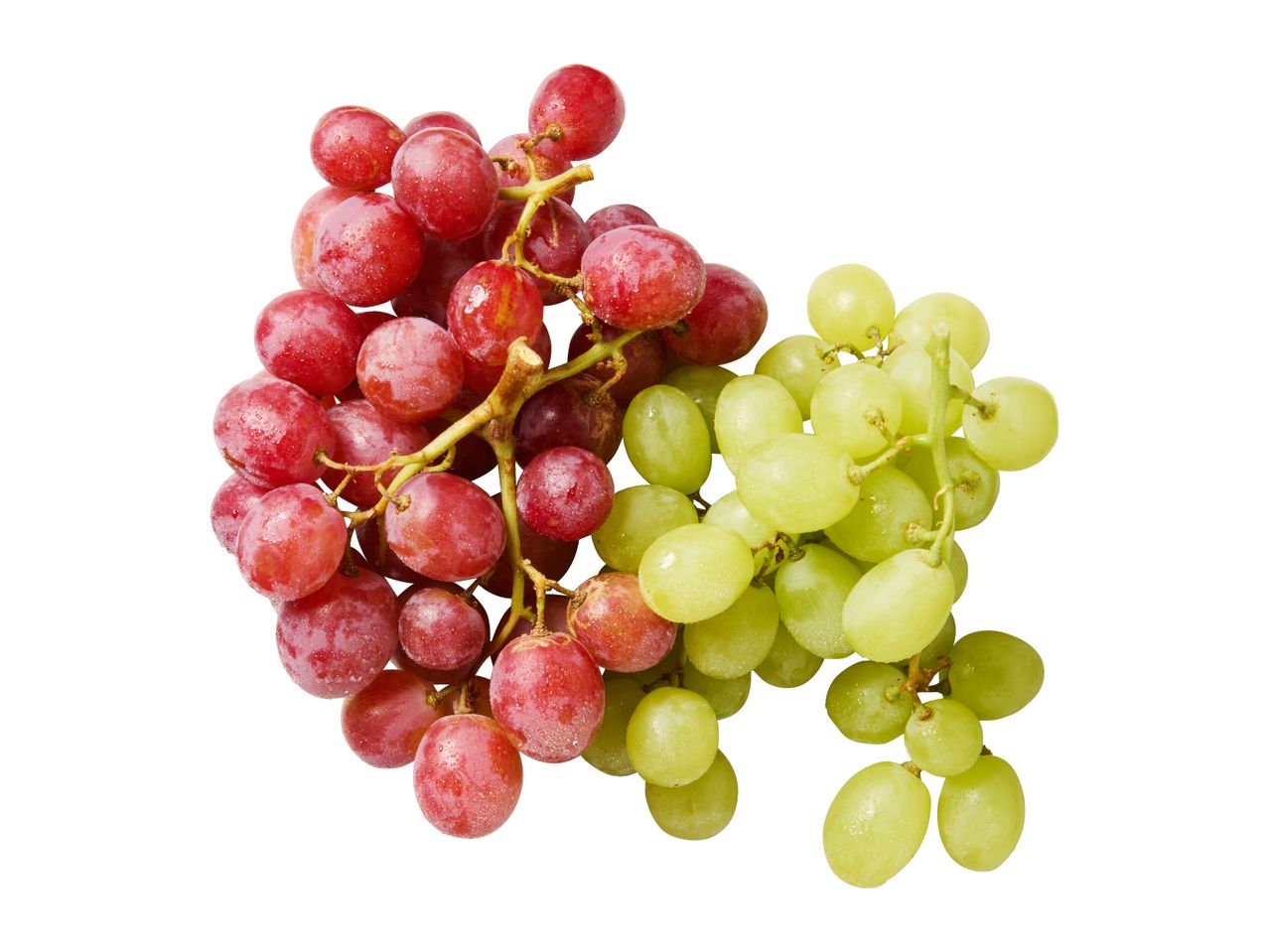 Two bunches of fresh grapes, one red and one green, with water droplets.