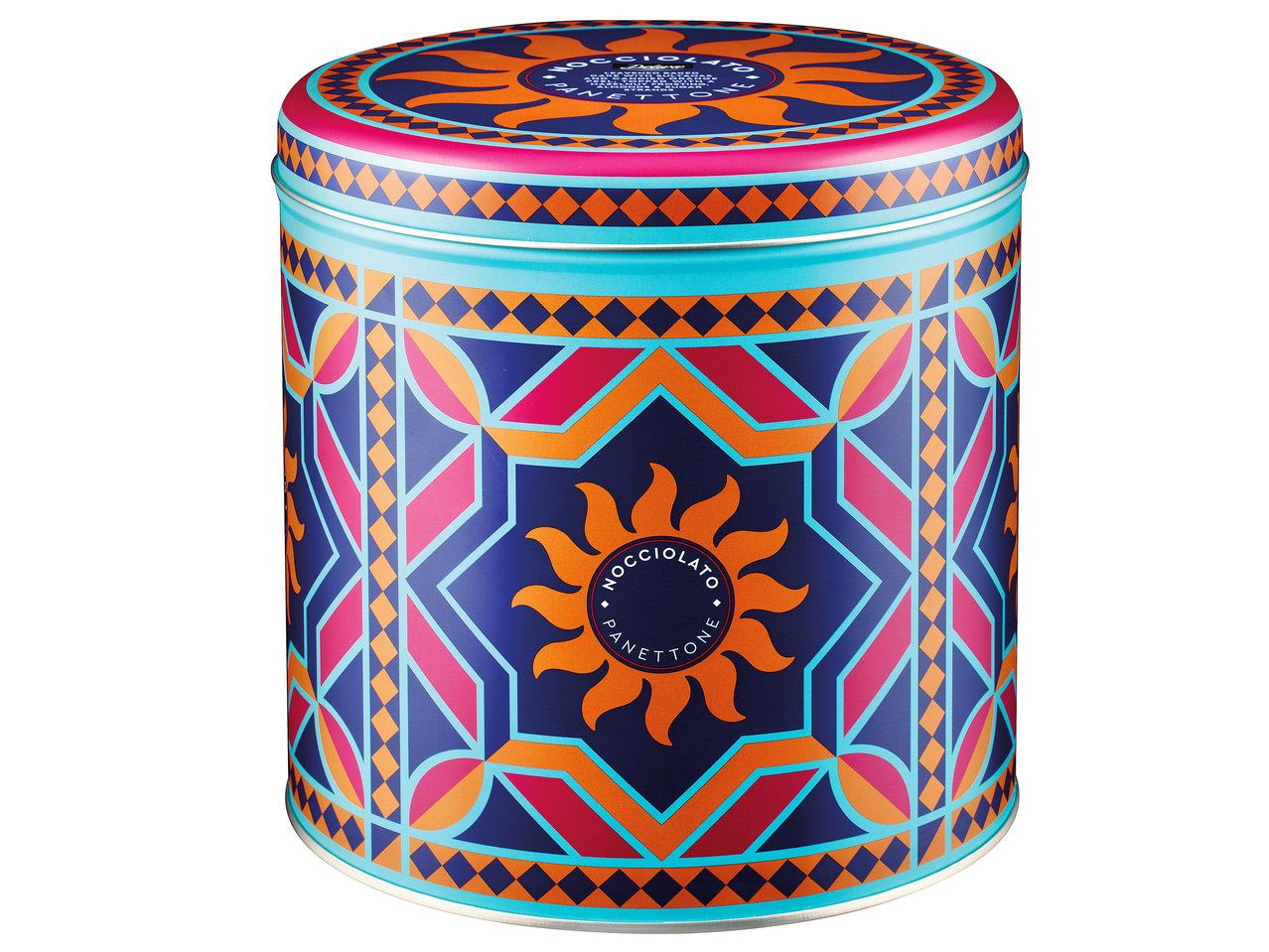 Festive blue and orange tin for Nocciolato Panettone with a sun design