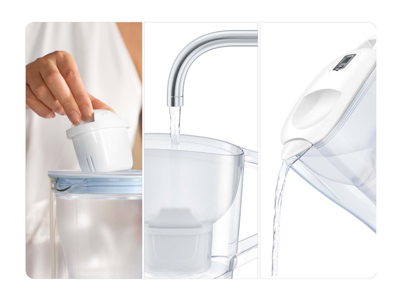 Three-panel image showing a water filter jug being assembled, filled, and pouring water.