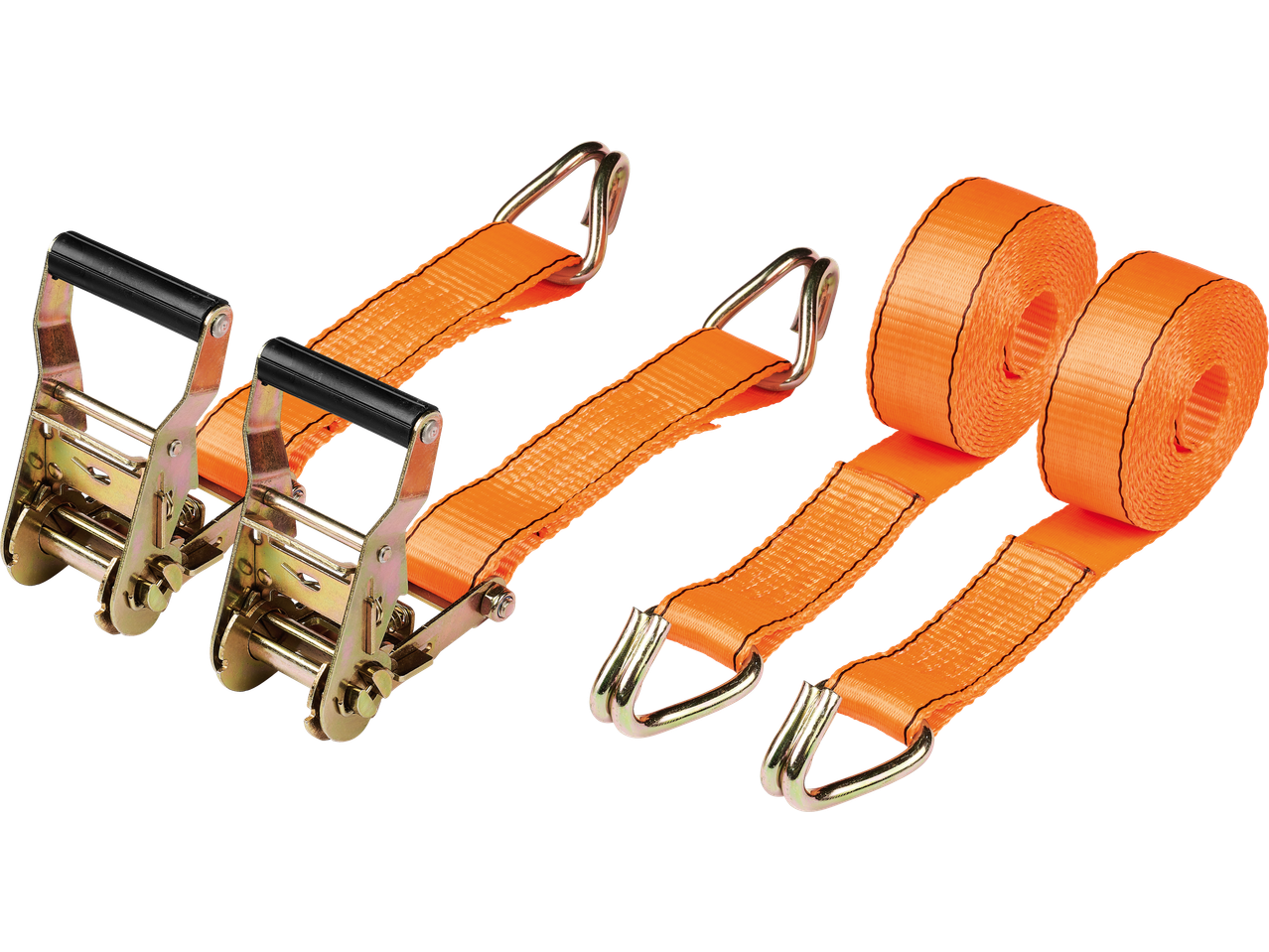 Orange ratchet tie-down straps with metal hooks and ratchets, and two rolled straps.