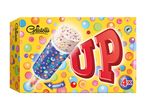 Yellow box of ice cream push-ups with colorful bubbles, featuring a large red 'UP' and '4x' count.