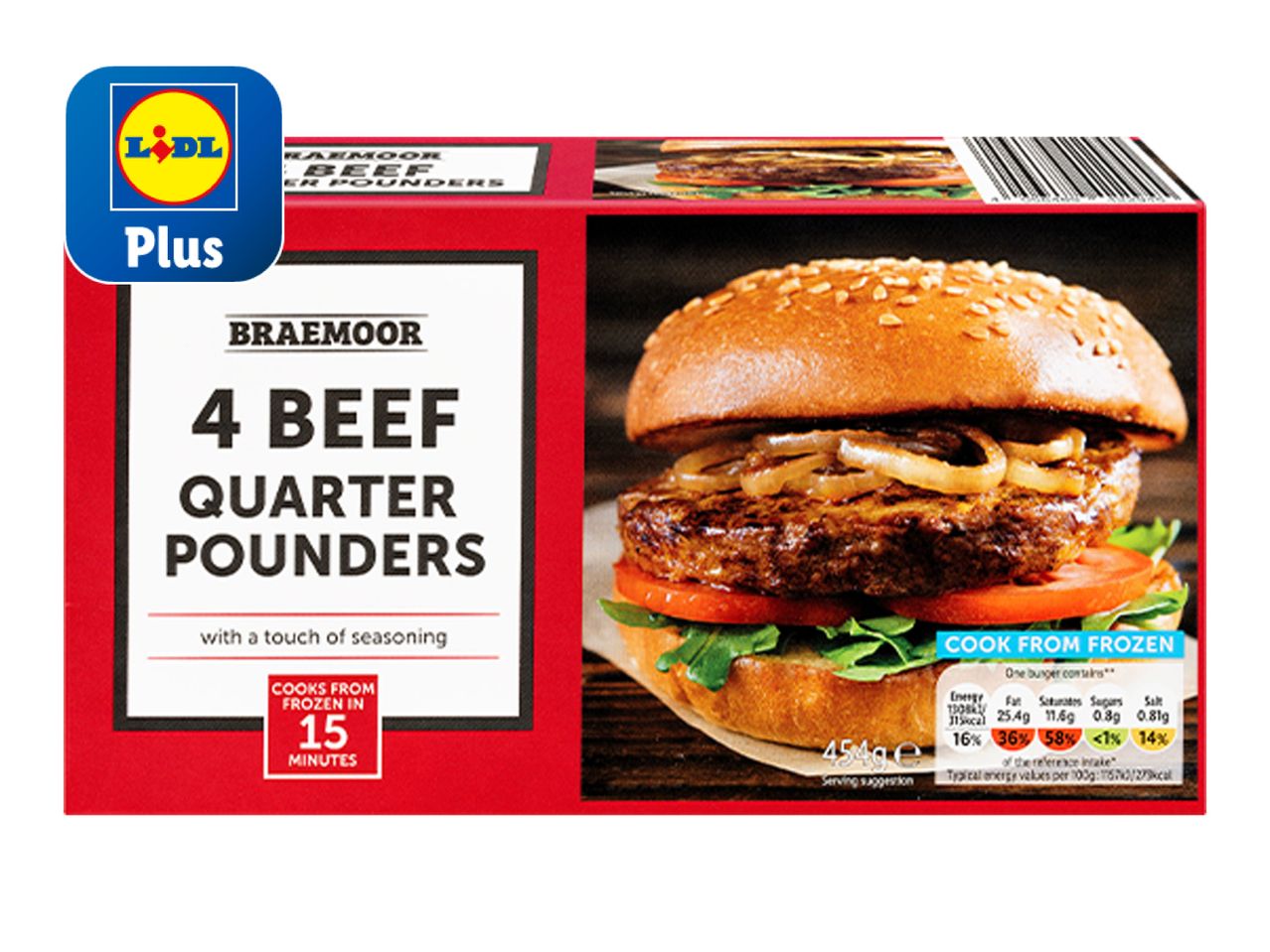 Lidl Plus Braemoor 4 Beef Quarter Pounders frozen burger packaging.