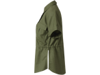 Uma camisa verde-oliva de manga curta com bolsos.