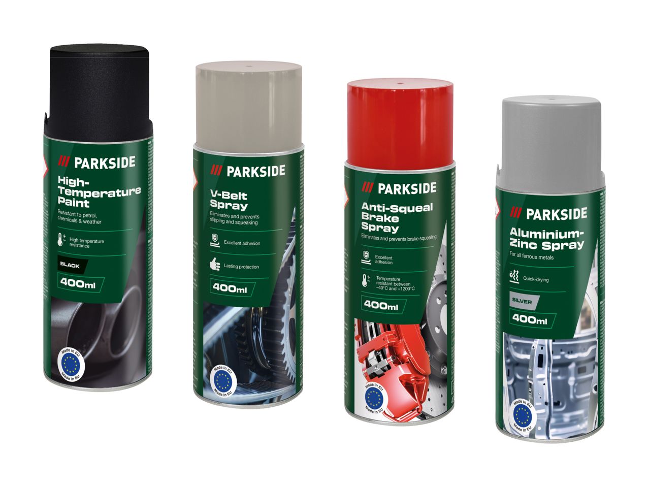Forskellige Parkside spraymalinger til forskellige formål: højtemperaturmaling, V-remspray, bremsespray og aluminiums-zinkspray.