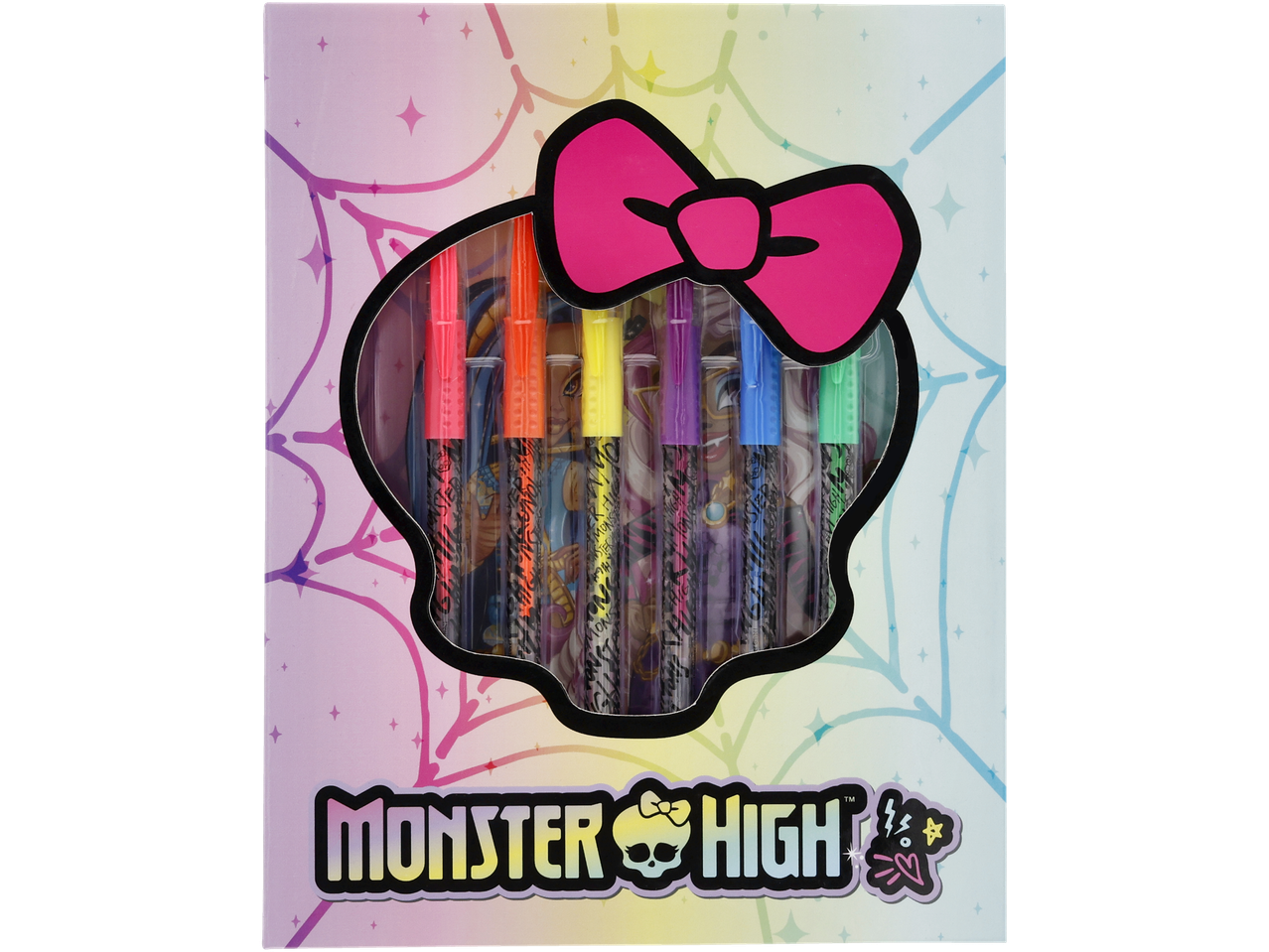 Monster High kaukolės formos dėžutė su rožiniu kaspinu, kurioje yra spalvingi žymekliai.