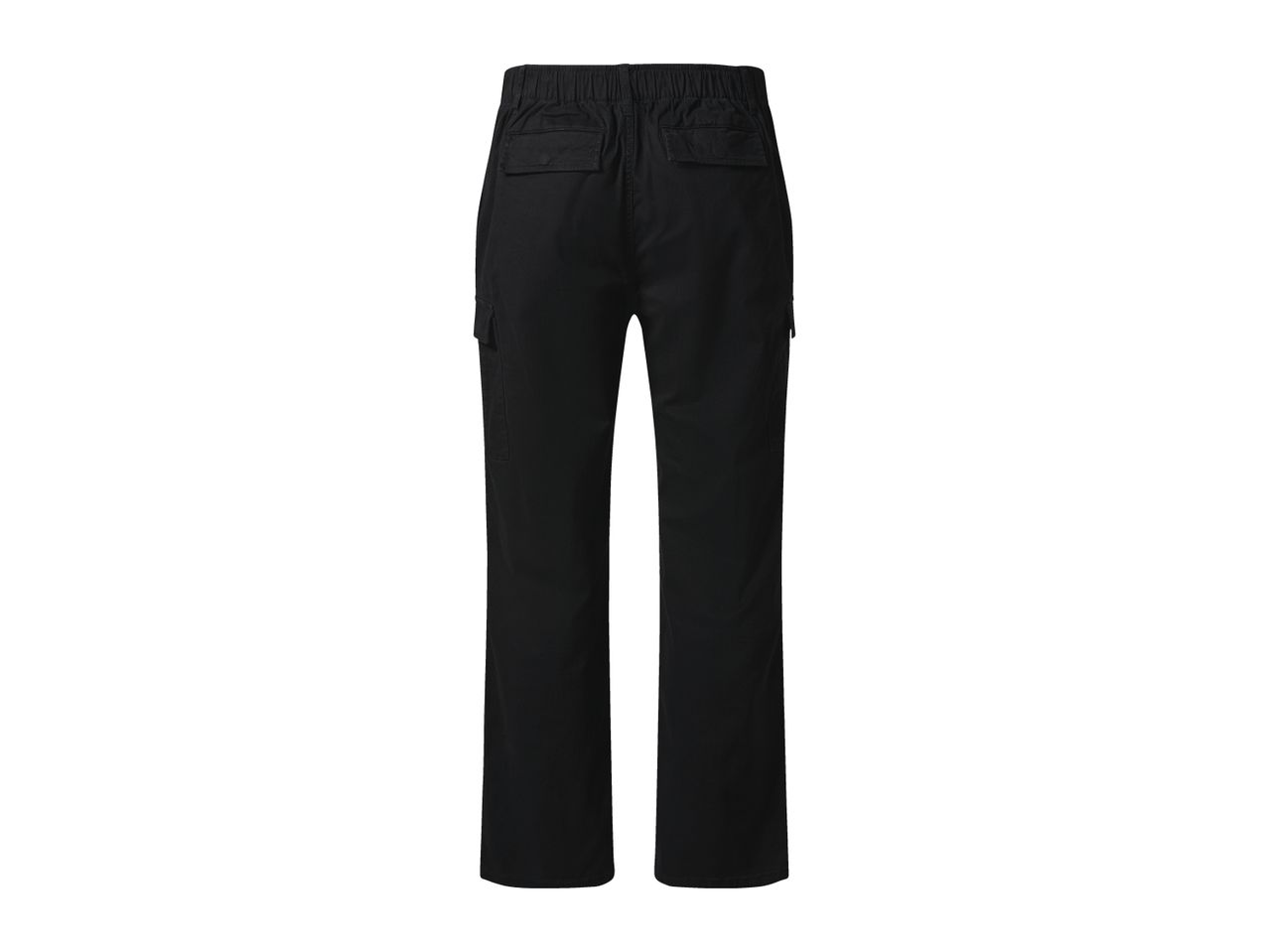 Black cargo pants with an elastic waistband and multiple pockets.