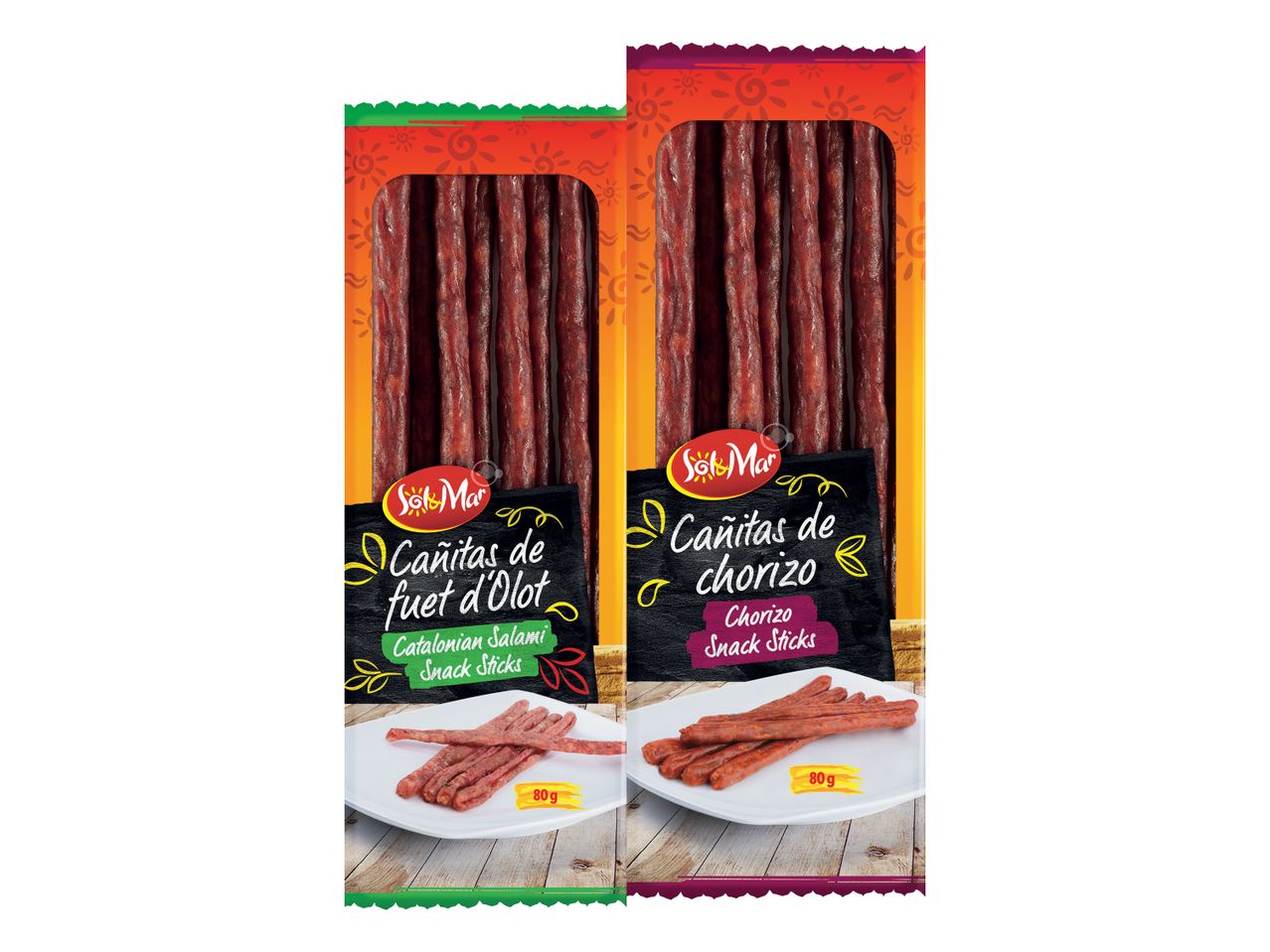 Dve pakiranji mesnih prigrizkov Sol&Mar, fuet d'Olot in chorizo, vsako po 80 g.