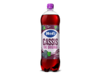 Fles zwartebessensiroop met paarse dop en etiket met zwartebessen en bubbels.