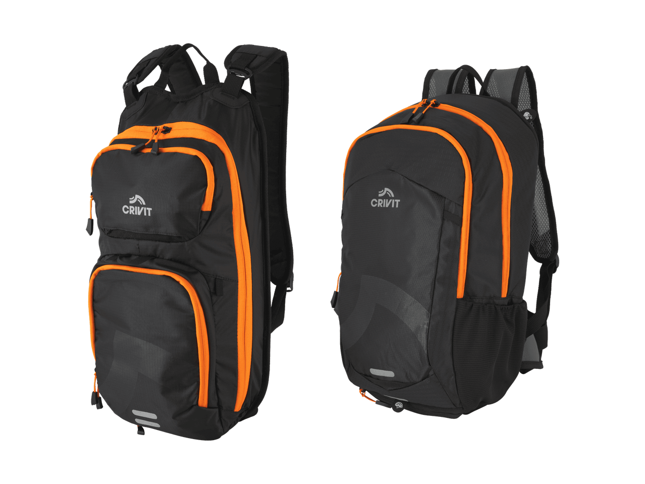 Zwei schwarze Sportrucksäcke mit orangefarbenen Details, einer von vorne und einer von der Seite.