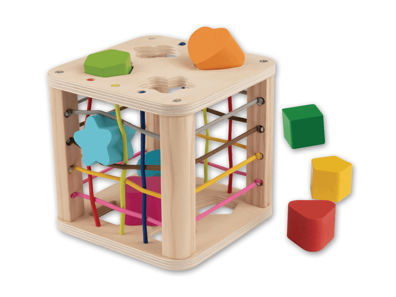 Holz-Motorikwürfel mit bunten Gummibändern und Formsteckern