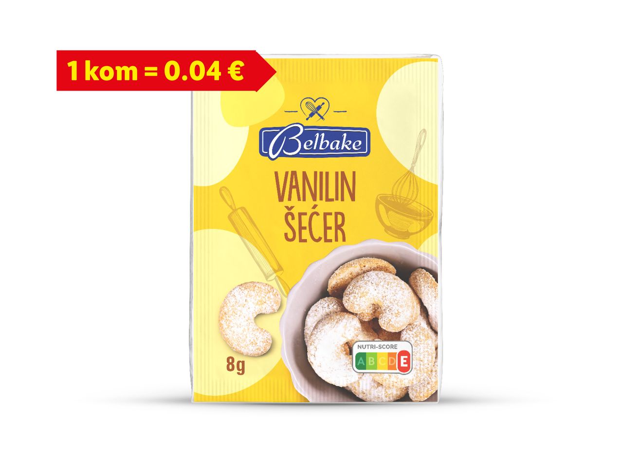 Belbake vanilin šećer, 8g, s cijenom 1 kom = 0.04 € i Nutri-Score E oznakom.