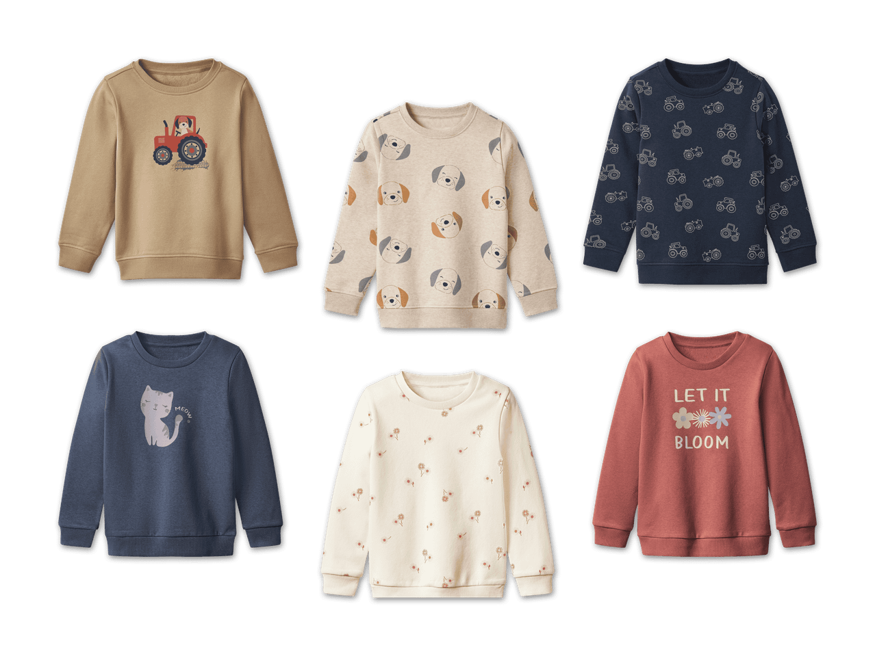Sechs Kinderpullover mit verschiedenen Mustern und Aufdrucken