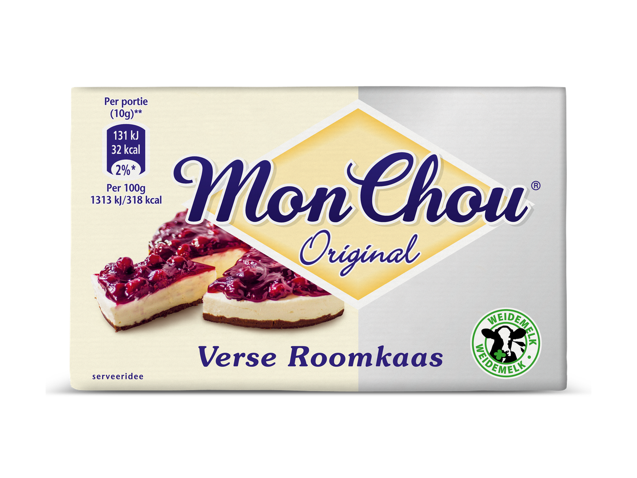 Verpakking van verse roomkaas met twee stukjes cheesecake met rode vruchten en voedingswaarden.