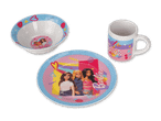 Barbie-Geschirrset mit Schüssel, Teller und Tasse, verziert mit Barbie-Puppen und dem Barbie-Logo.