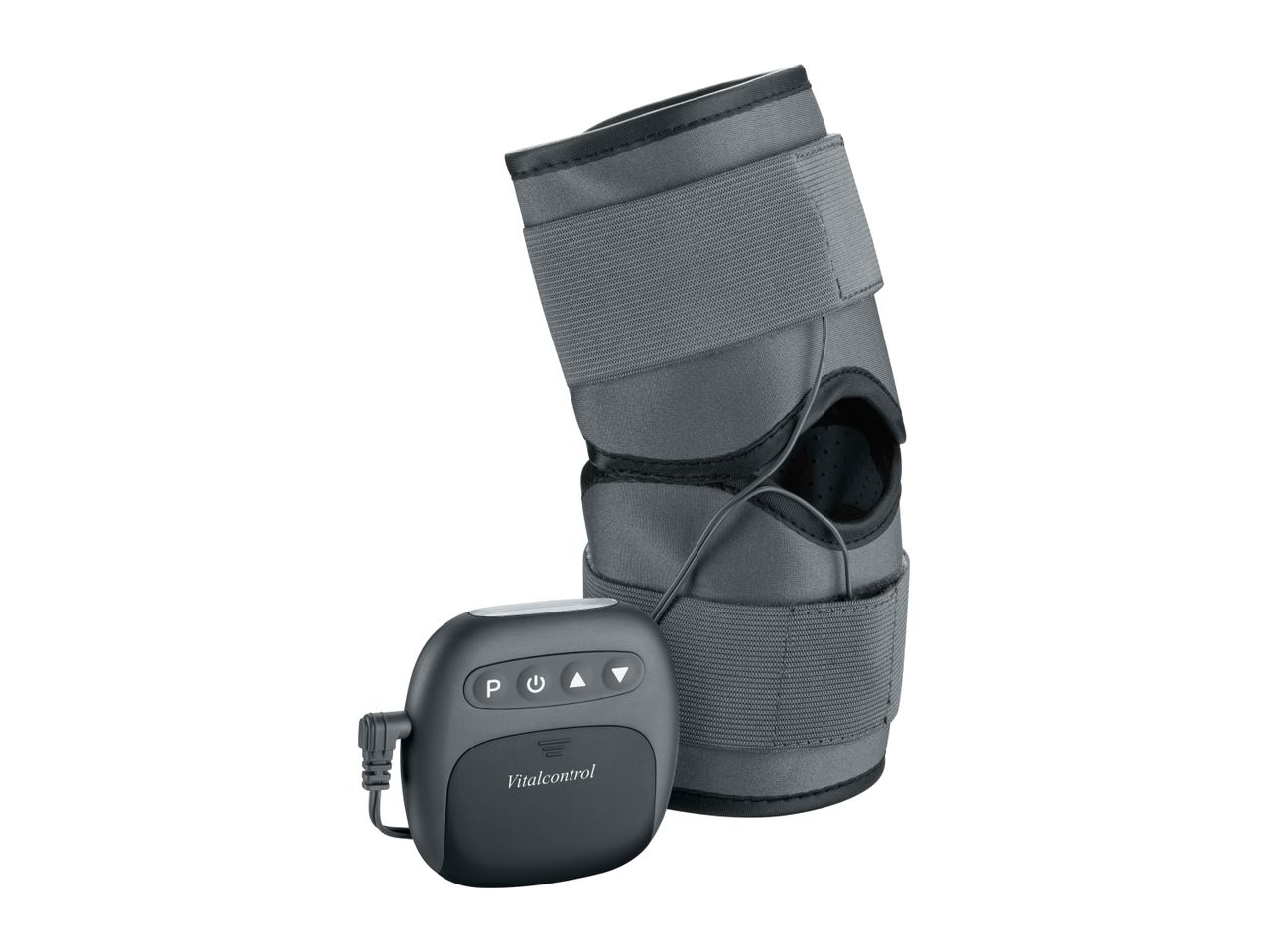 Grey knee brace with a connected control unit featuring power and adjustment buttons.