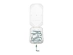 A clear plastic box filled with L-shaped screw hooks, with one hook outside the box.