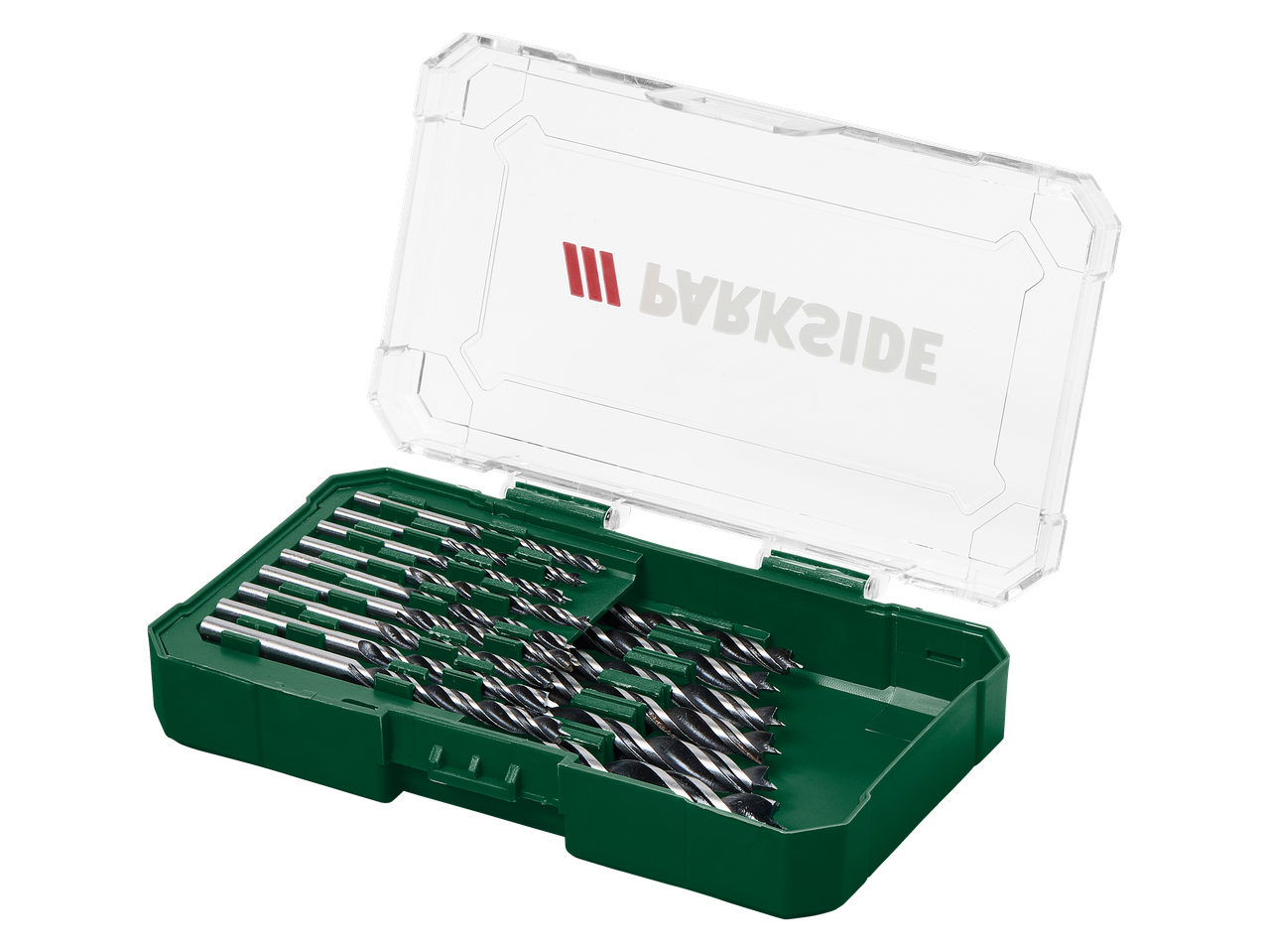 An open green and clear plastic case filled with various sizes of drill bits.