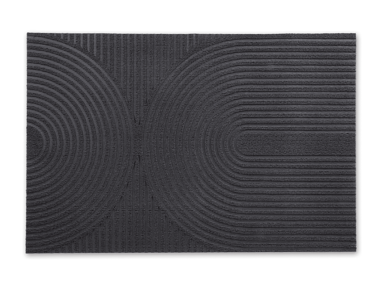 Dunkelgraue Fußmatte mit geometrischem Muster aus vertikalen Linien und Halbkreisen