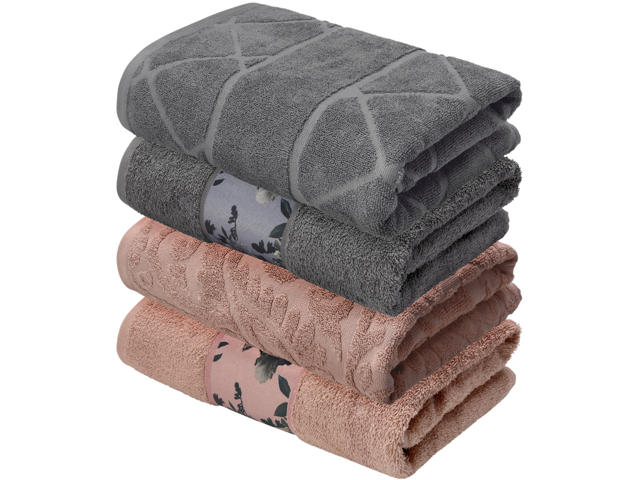 Tri presavijena peškira, dva siva i jedan roze, sa dezenima i ukrasnim trakama