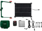 Solar panel kit with a green power station, battery, mounting bracket, cables, and ground spikes.