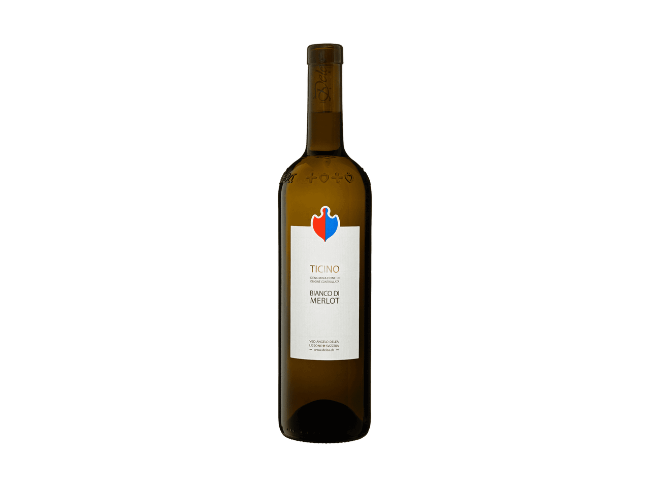 Eine Flasche Ticino Bianco di Merlot Weißwein auf schwarzem Hintergrund.