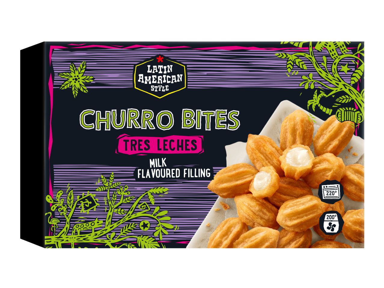 Churro Bites Tres Leches with milk flavoured filling, Latin American style packaging.