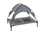 Grey elevated pet bed with a canopy for shade, featuring a mesh sleeping surface.