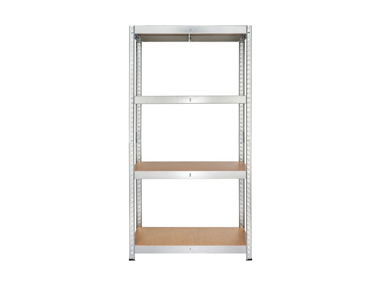 Metal shelving unit with four wooden shelves on a white background