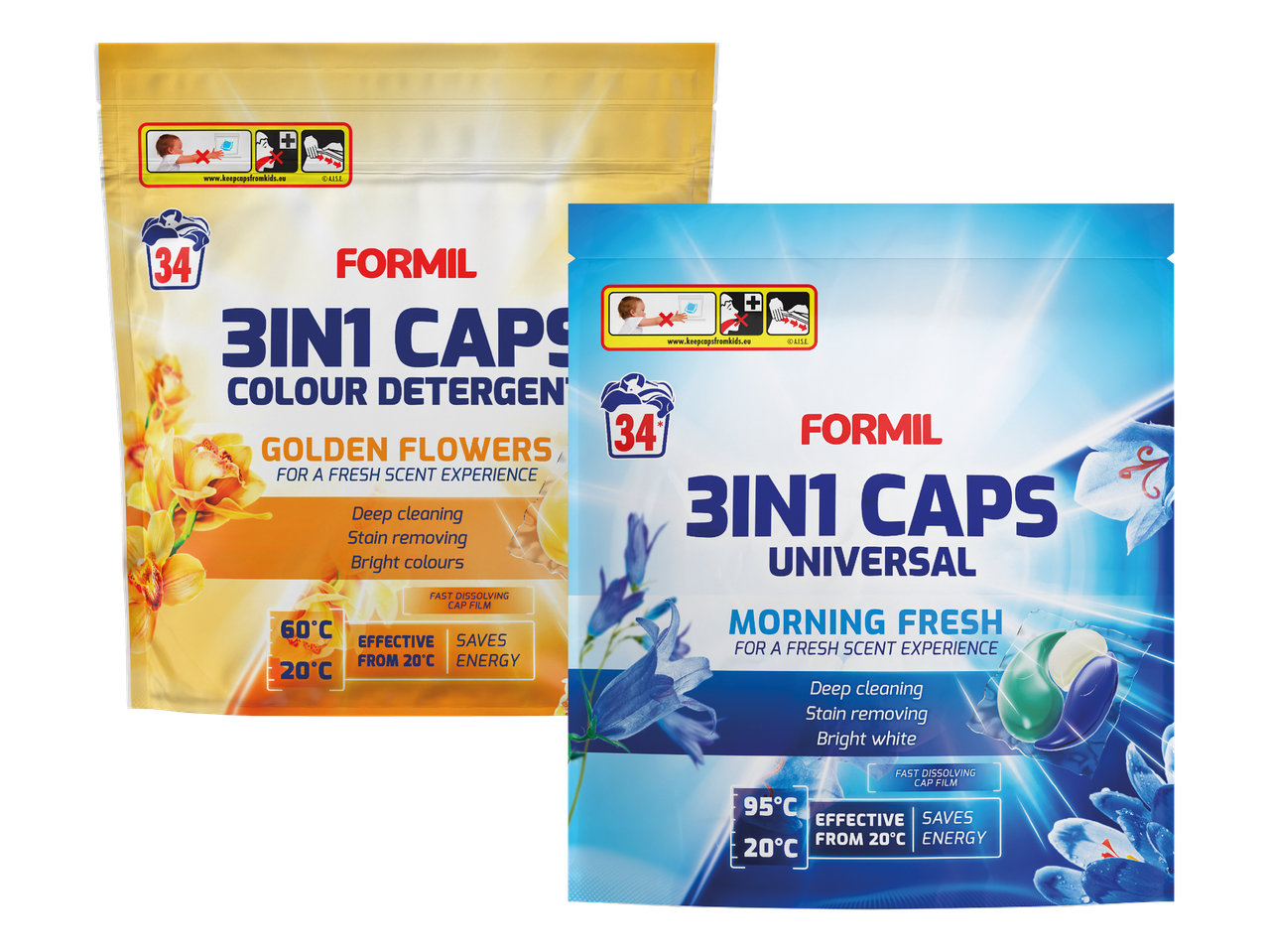 Dva pakiranja deterdženta za rublje u kapsulama, jedno za obojeno rublje s mirisom zlatnog cvijeća, drugo univerzalno s mirisom jutarnje svježine.