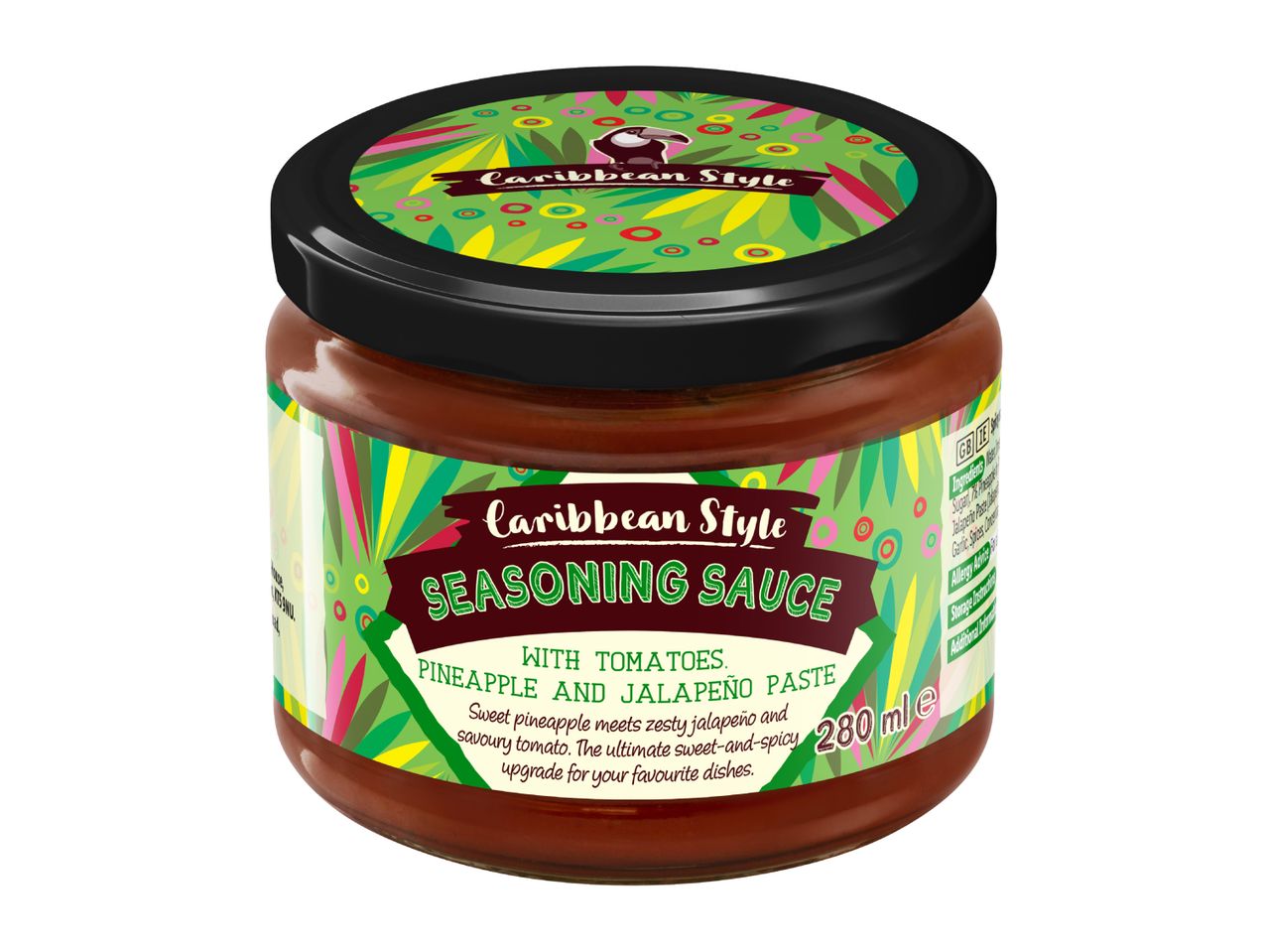 Caribbean style seasoning sauce with tomatoes, pineapple, and jalapeño paste in a 280ml jar.