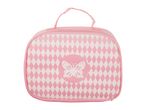 Pink and white diamond pattern lunch bag with a butterfly design and a top handle.