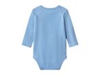 Light blue long-sleeved baby bodysuit, back view.