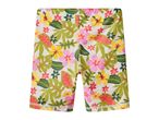 Kids' floral swim shorts with tropical leaves and hibiscus flowers.